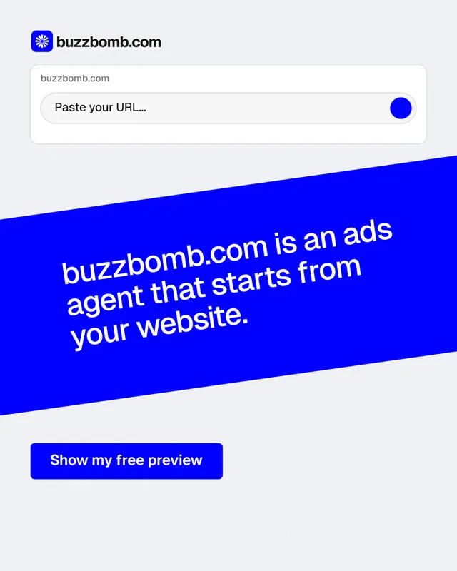 Instagram portrait post for BuzzBomb: "buzzbomb.com is an ads agent that starts from your website." Data card style, diagonal layout, light palette in white, blue.