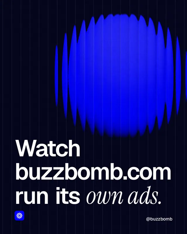 Instagram portrait post for BuzzBomb: "Watch buzzbomb.com run its own ads." Auto 4x5 style, technique:shader field layout, dark palette in black, blue.