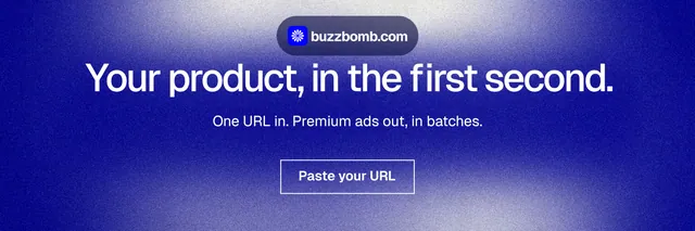 X header for BuzzBomb: "Your product, in the first second." Cyanotype style, centred layout, dark palette in blue.