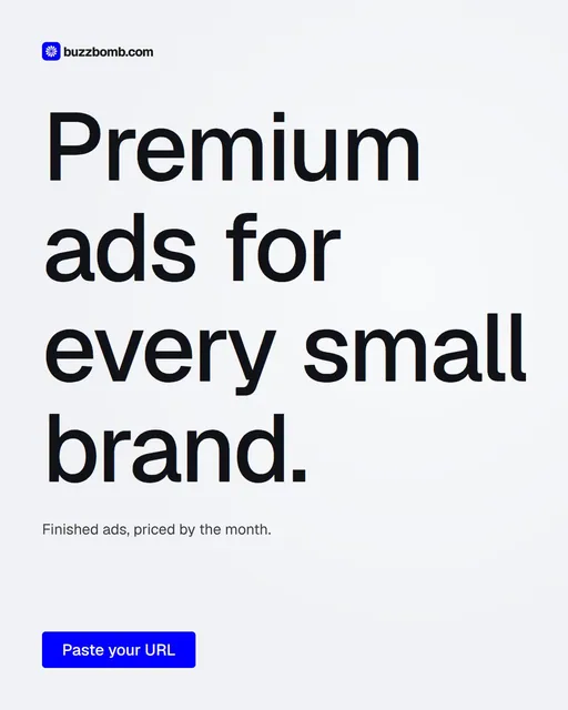 Video for BuzzBomb: "Premium ads for every small brand.". Doc motion loop, 7.0 s, light palette.