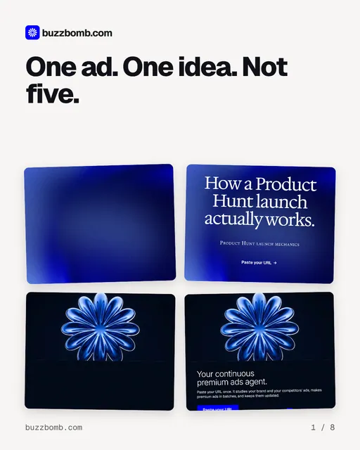 Carousel for BuzzBomb: "One ad. One idea. Not five.". Collection carousel, 8 slides, light palette.