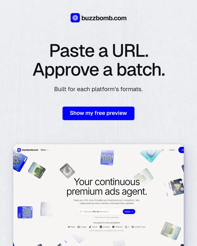 Instagram portrait post for BuzzBomb: "Paste a URL. Approve a batch." Data card style, centred layout, light palette in white, blue.