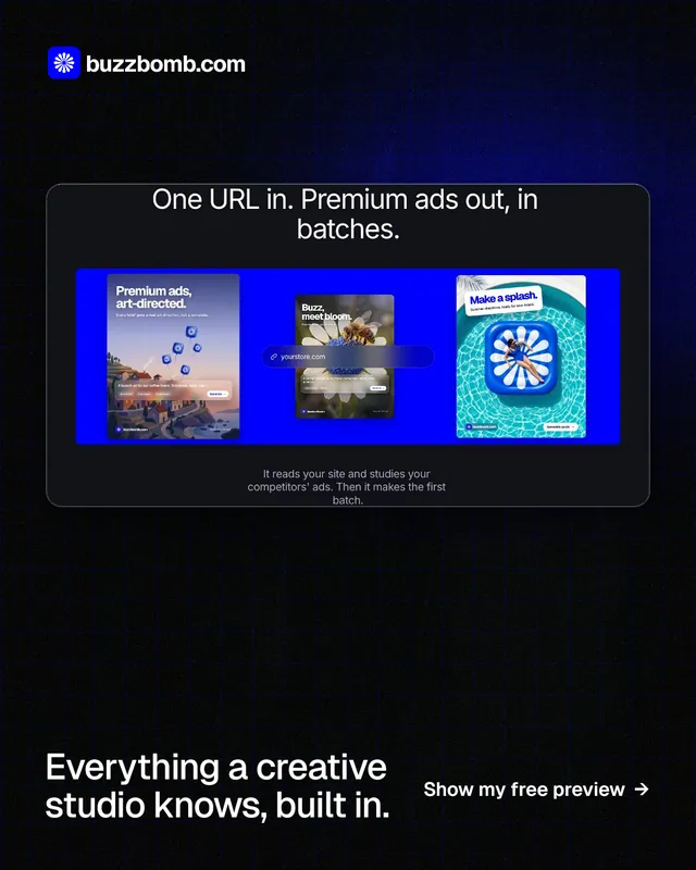 Instagram portrait post for BuzzBomb: "Everything a creative studio knows, built in." Phosphor atlas style, image led layout, dark palette in black, blue, grey.