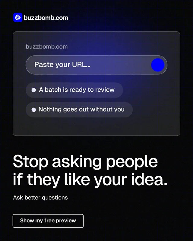 Instagram portrait post for BuzzBomb: "Stop asking people if they like your idea." Phosphor atlas style, bottom layout, dark palette in blue, black, grey.
