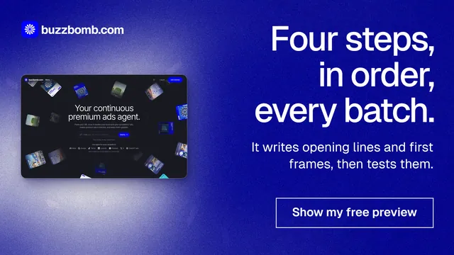 Landscape graphic for BuzzBomb: "Four steps, in order, every batch." Cyanotype style, right layout, dark palette in blue.