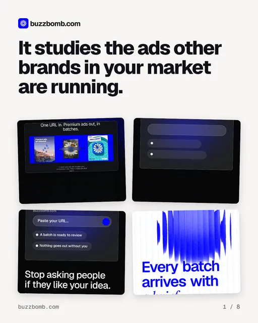 Carousel for BuzzBomb: "It studies the ads other brands in your market are running.". Collection carousel, 8 slides, light palette.