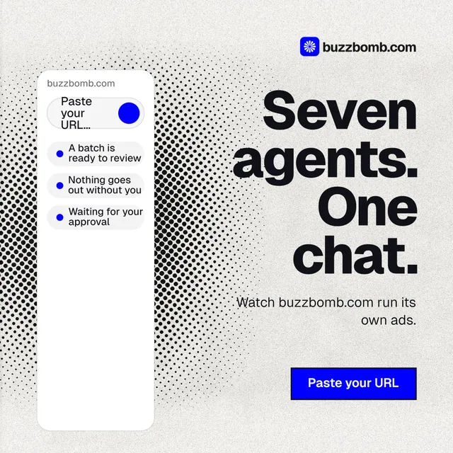 Instagram post for BuzzBomb: "Seven agents. One chat." Ink sticker style, right layout, light palette in white, grey.