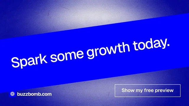 Landscape graphic for BuzzBomb: "Spark some growth today." Cyanotype style, diagonal layout, dark palette in blue.