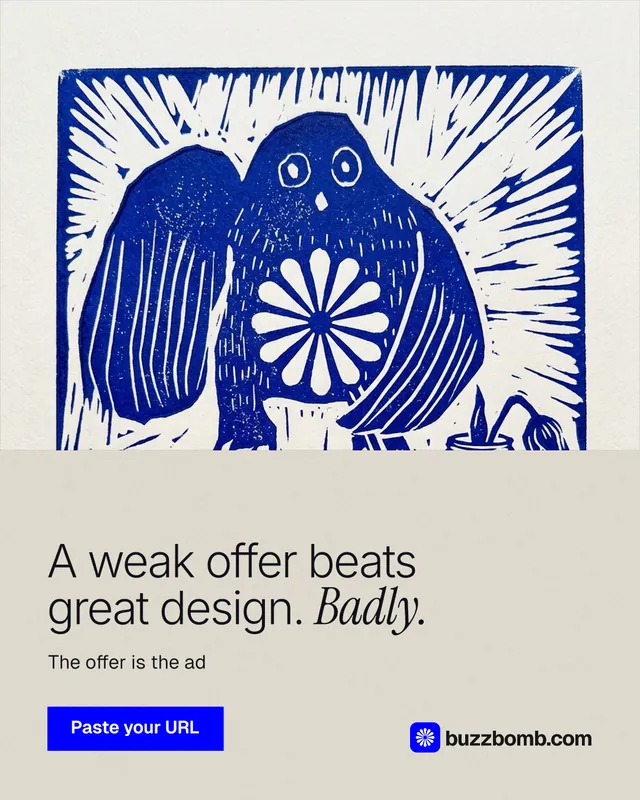 Instagram portrait post for BuzzBomb: "A weak offer beats great design. Badly." Swiss style, bottom layout, light palette in yellow, blue, white.