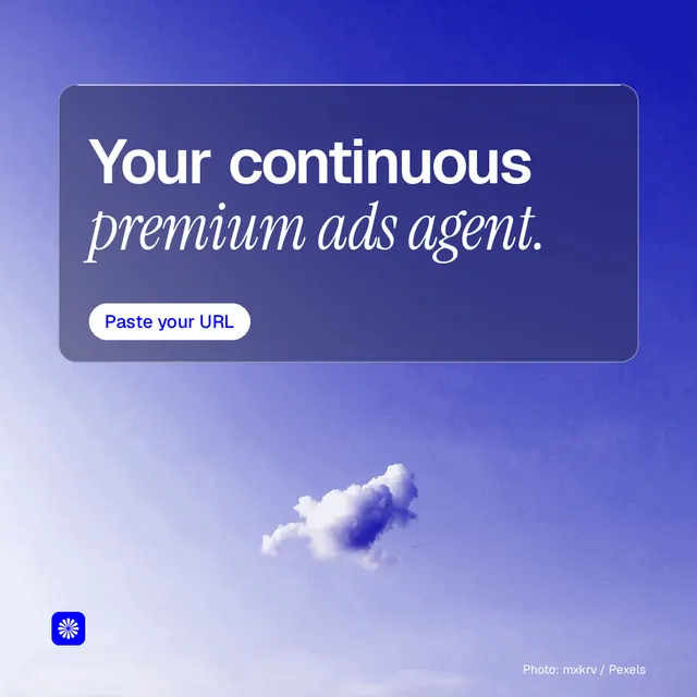 Instagram post for BuzzBomb: "Your continuous premium ads agent." Glass style, technique:pexels ingredient layout, light palette in blue.