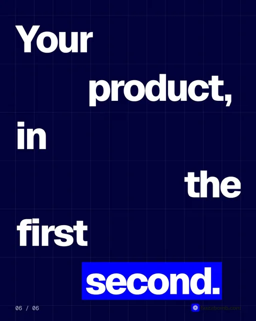 Video for BuzzBomb: "Your product, in the first second.". Kinetic type grid, 6.0 s, dark palette.