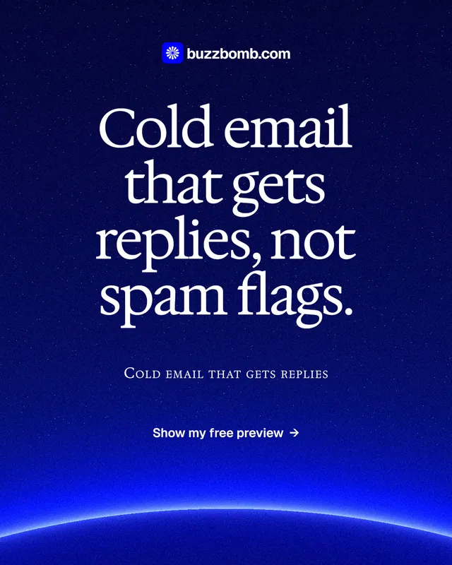 Instagram portrait post for BuzzBomb: "Cold email that gets replies, not spam flags." Swiss style, smallcaps layout, dark palette in blue.
