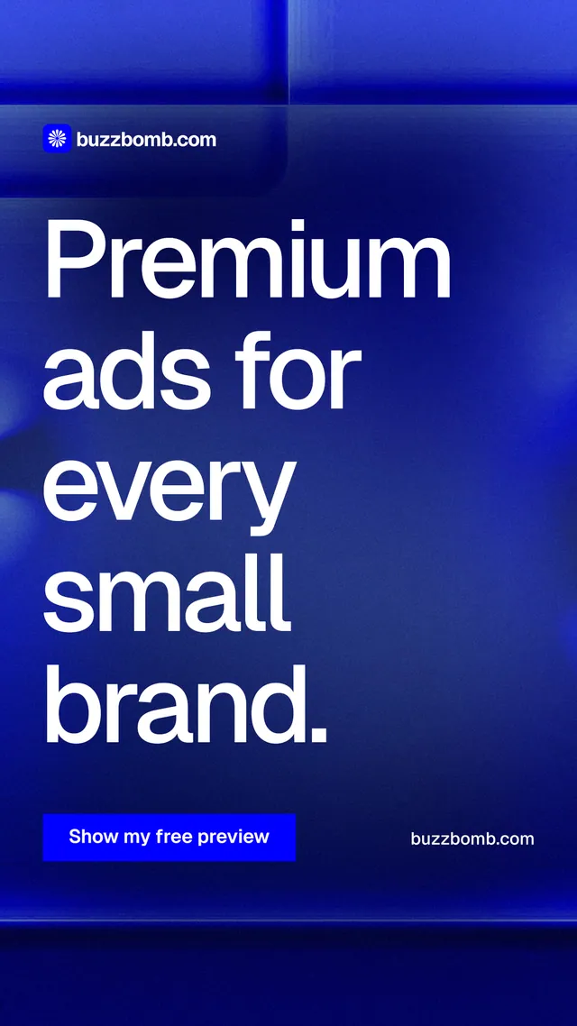 Instagram story for BuzzBomb: "Premium ads for every small brand." Swiss style, poster layout, dark palette in blue.