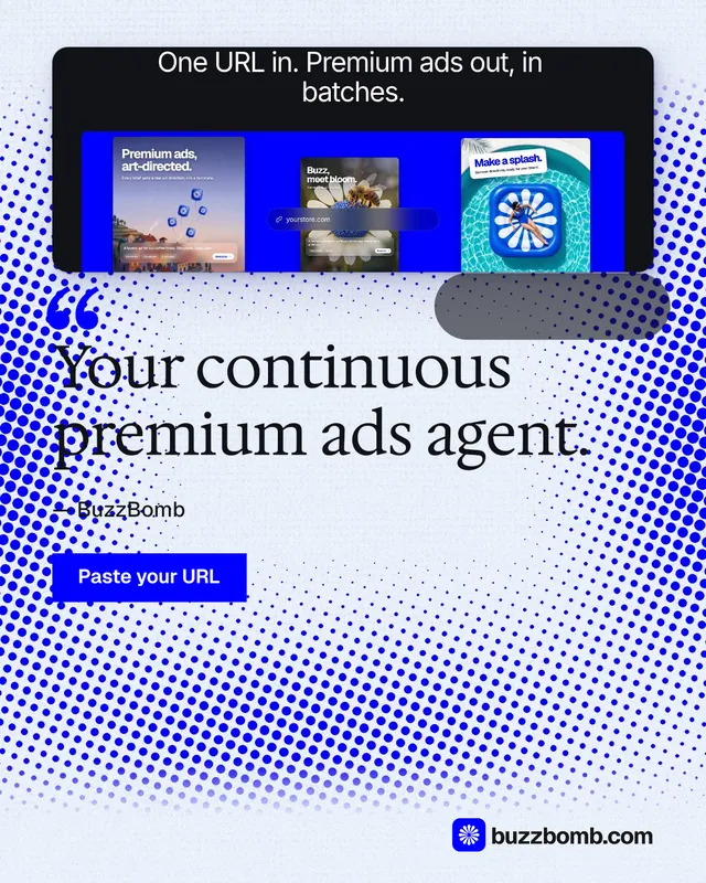 Instagram portrait post for BuzzBomb: "Your continuous premium ads agent." Swiss style, quote layout, light palette in blue, white.