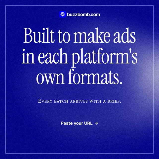 Instagram post for BuzzBomb: "Built to make ads in each platform's own formats." Editorial style, smallcaps layout, dark palette in blue.