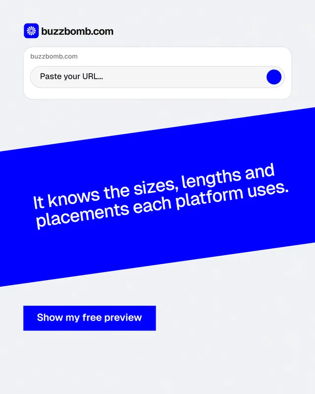 Instagram portrait post for BuzzBomb: "It knows the sizes, lengths and placements each platform uses." Swiss style, diagonal layout, light palette in white, blue.