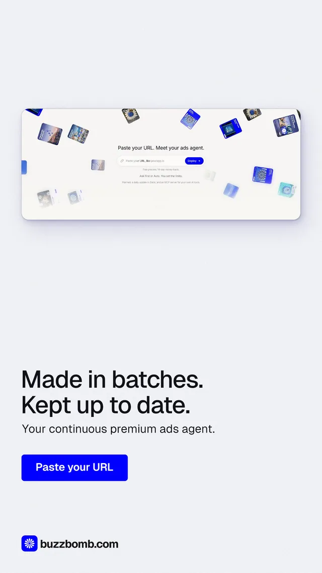 Instagram story for BuzzBomb: "Made in batches. Kept up to date." Data card style, bottom layout, light palette in white, blue.