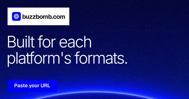 Social ad for BuzzBomb: "Built for each platform's formats." Swiss style, announce layout, dark palette in blue.