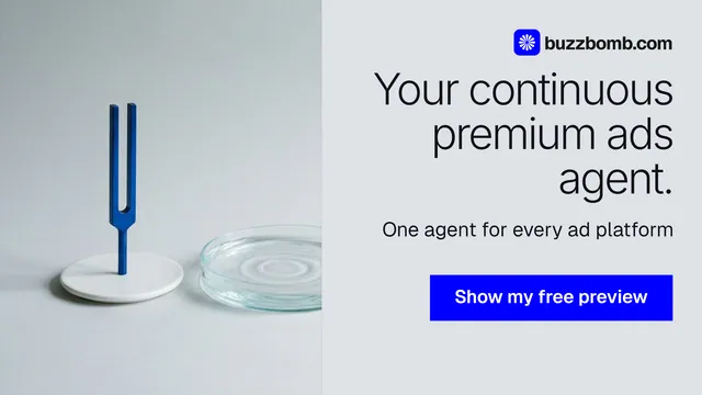 Landscape graphic for BuzzBomb: "Your continuous premium ads agent." Swiss style, right layout, light palette in white, grey, blue.