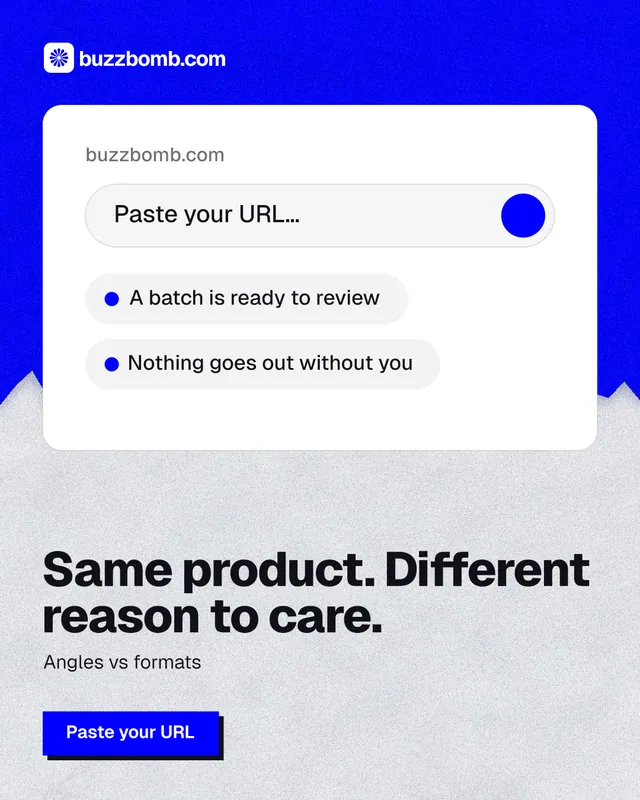 Instagram portrait post for BuzzBomb: "Same product. Different reason to care." Paper trio style, bottom layout, light palette in white, blue.