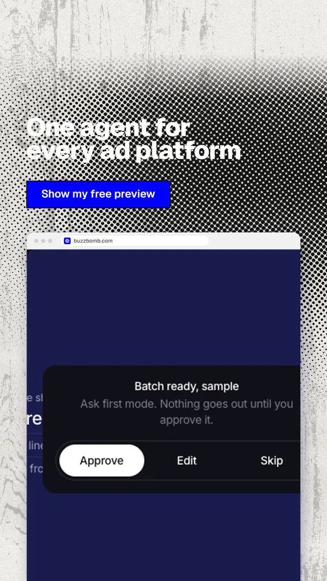 Instagram story for BuzzBomb: "One agent for every ad platform". Ink sticker style, browser layout, dark palette in blue, white, black.