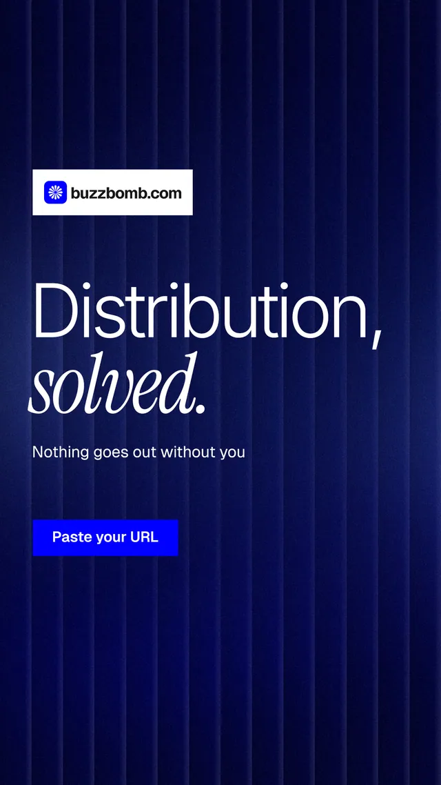 Instagram story for BuzzBomb: "Distribution, solved." Swiss style, announce layout, dark palette in black, blue.