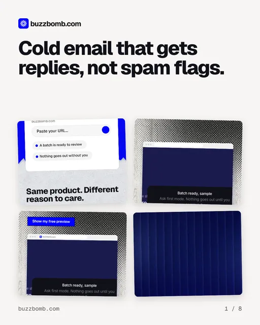Carousel for BuzzBomb: "Cold email that gets replies, not spam flags.". Collection carousel, 8 slides, light palette.