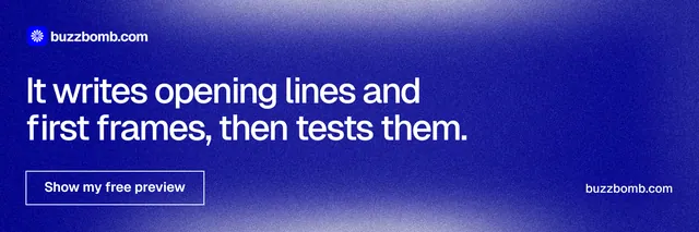 X header for BuzzBomb: "It writes opening lines and first frames, then tests them." Cyanotype style, poster layout, dark palette in blue.