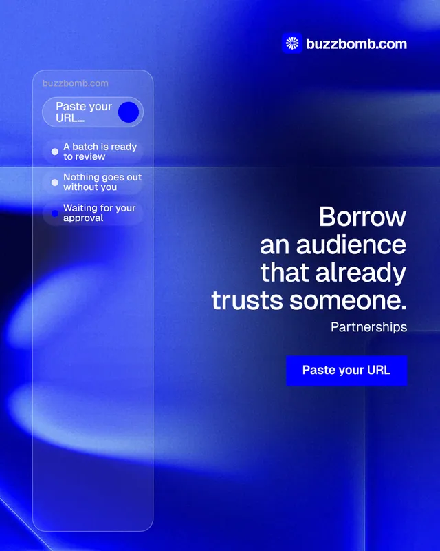 Instagram portrait post for BuzzBomb: "Borrow an audience that already trusts someone." Swiss style, right layout, dark palette in blue.
