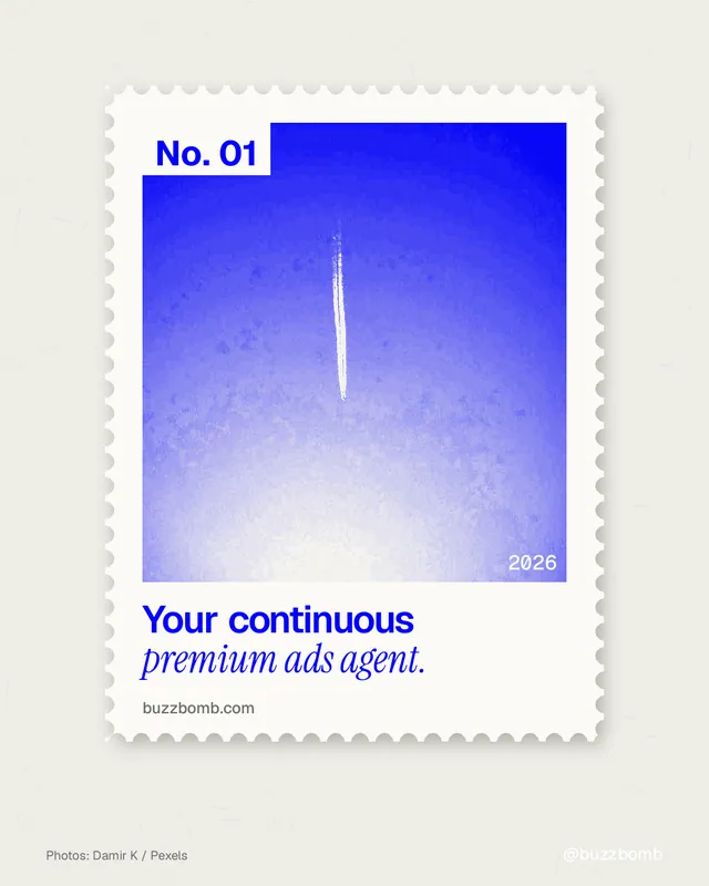 Instagram portrait post for BuzzBomb: "Your continuous premium ads agent." Single style, technique:stamp series layout, light palette in yellow, blue, white.