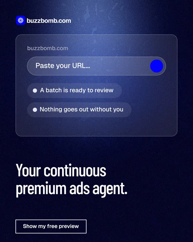 Instagram portrait post for BuzzBomb: "Your continuous premium ads agent." Dark deco style, bottom layout, dark palette in blue, black.