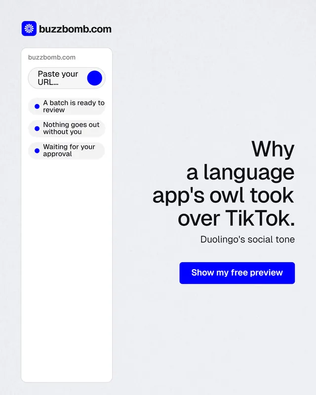 Instagram portrait post for BuzzBomb: "Why a language app's owl took over TikTok." Data card style, right layout, light palette in white, blue.