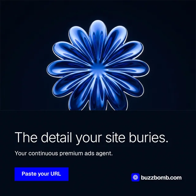 Instagram post for BuzzBomb: "The detail your site buries." Swiss style, bottom layout, dark palette in black, blue.