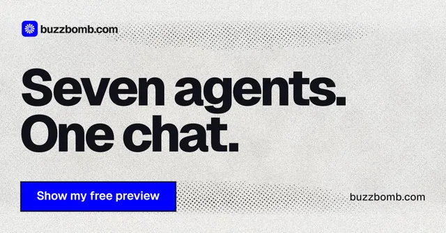 Social ad for BuzzBomb: "Seven agents. One chat." Ink sticker style, poster layout, light palette in white, blue.