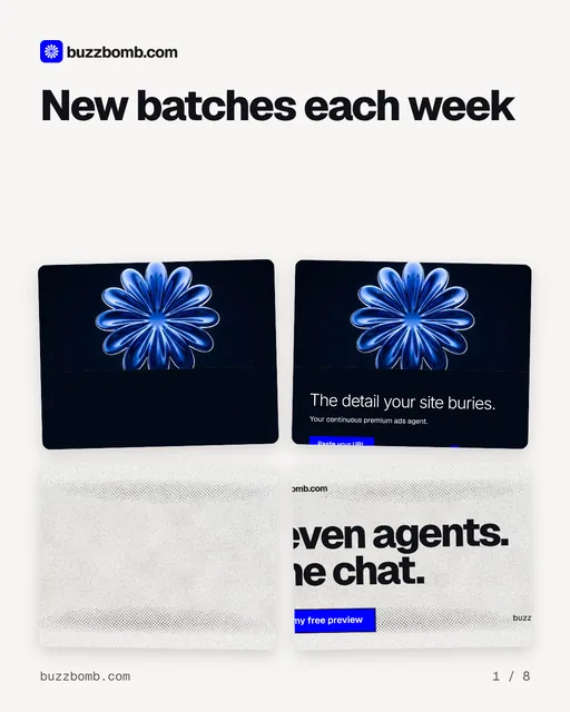 Carousel for BuzzBomb: "New batches each week". Collection carousel, 8 slides, light palette.