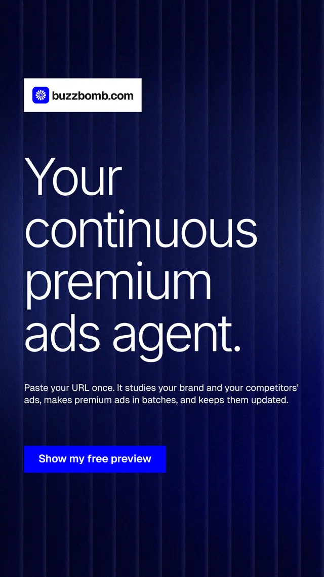 Instagram story for BuzzBomb: "Your continuous premium ads agent." Swiss style, announce layout, dark palette in blue, black.