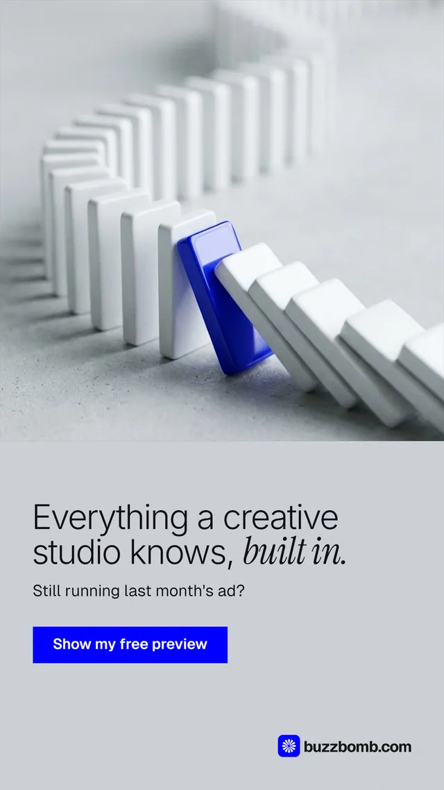 Instagram story for BuzzBomb: "Everything a creative studio knows, built in." Swiss style, bottom layout, light palette in white, grey.