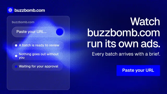 Landscape graphic for BuzzBomb: "Watch buzzbomb.com run its own ads." Swiss style, right layout, dark palette in blue.
