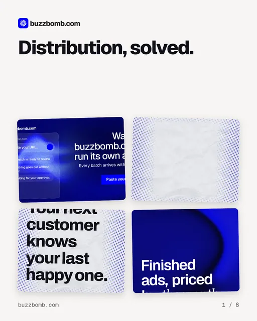 Carousel for BuzzBomb: "Distribution, solved.". Collection carousel, 8 slides, light palette.