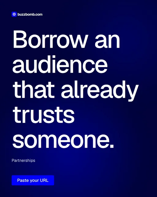 Video for BuzzBomb: "Borrow an audience that already trusts someone.". Doc motion loop, 6.0 s, dark palette.