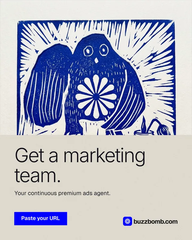 Instagram portrait post for BuzzBomb: "Get a marketing team." Swiss style, bottom layout, light palette in yellow, blue, white.