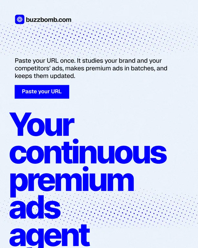 Instagram portrait post for BuzzBomb: "Your continuous premium ads agent." Swiss style, oversized layout, light palette in white, blue.