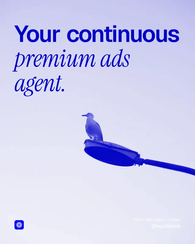 Instagram portrait post for BuzzBomb: "Your continuous premium ads agent." Duotone style, technique:pexels ingredient layout, light palette in blue, white.