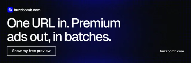 X header for BuzzBomb: "One URL in. Premium ads out, in batches." Phosphor atlas style, poster layout, dark palette in black, grey.