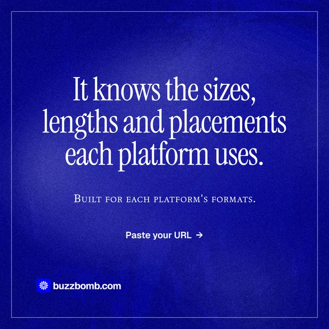 Instagram post for BuzzBomb: "It knows the sizes, lengths and placements each platform uses." Editorial style, smallcaps layout, dark palette in blue.