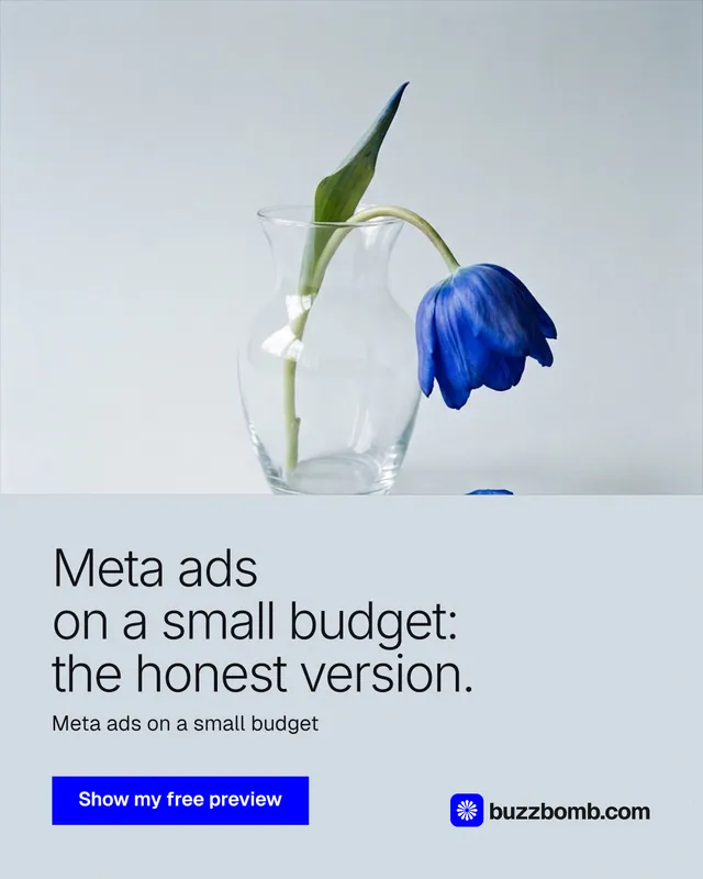 Instagram portrait post for BuzzBomb: "Meta ads on a small budget: the honest version." Swiss style, bottom layout, light palette in white, blue.