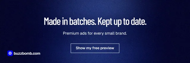 X header for BuzzBomb: "Made in batches. Kept up to date." Dark deco style, centred layout, dark palette in black, blue.