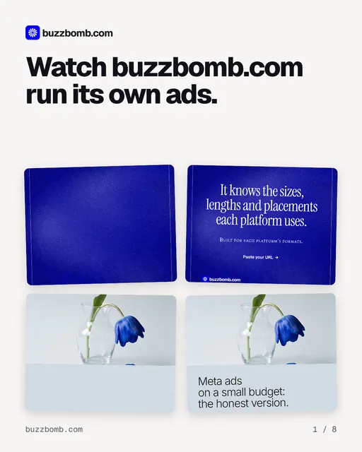 Carousel for BuzzBomb: "Watch buzzbomb.com run its own ads.". Collection carousel, 8 slides, light palette.