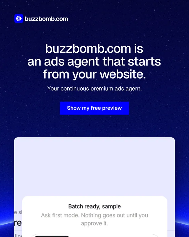 Instagram portrait post for BuzzBomb: "buzzbomb.com is an ads agent that starts from your website." Swiss style, centred layout, dark palette in blue, white.