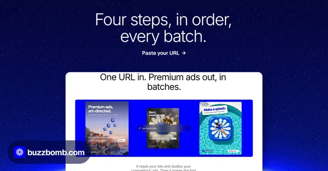 Social ad for BuzzBomb: "Four steps, in order, every batch." Swiss style, ogui layout, dark palette in blue.